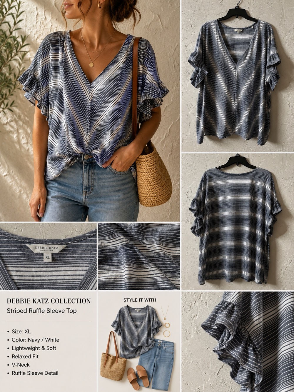 Max Studio Blue & White Striped V-Neck Ruffle Sleeve Blouse